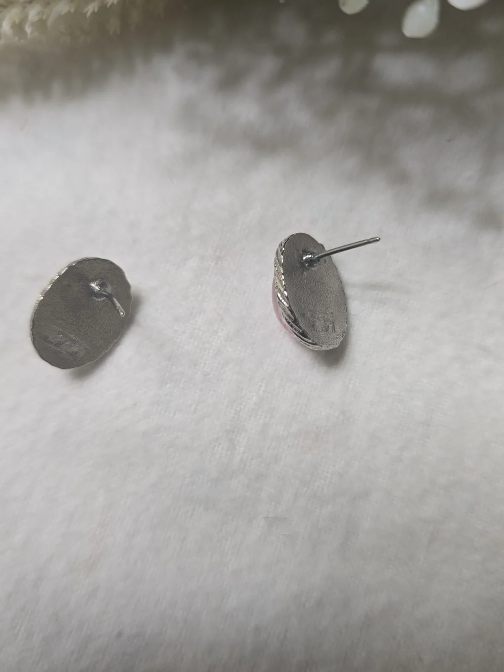 Vintage Pink Oval Cabochon Silver-Trim Stud Earrings